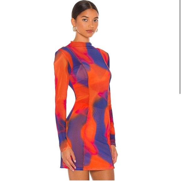 H:OURS / NWT AMETHYST mesh long sleeve MINI DRESS IN CANDY OMBRE blue red M - Picture 2 of 7
